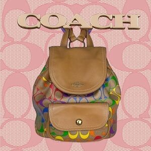 Coach Light Saddle Rainbow Signature Canvas Pennie Backpack 22 Inch